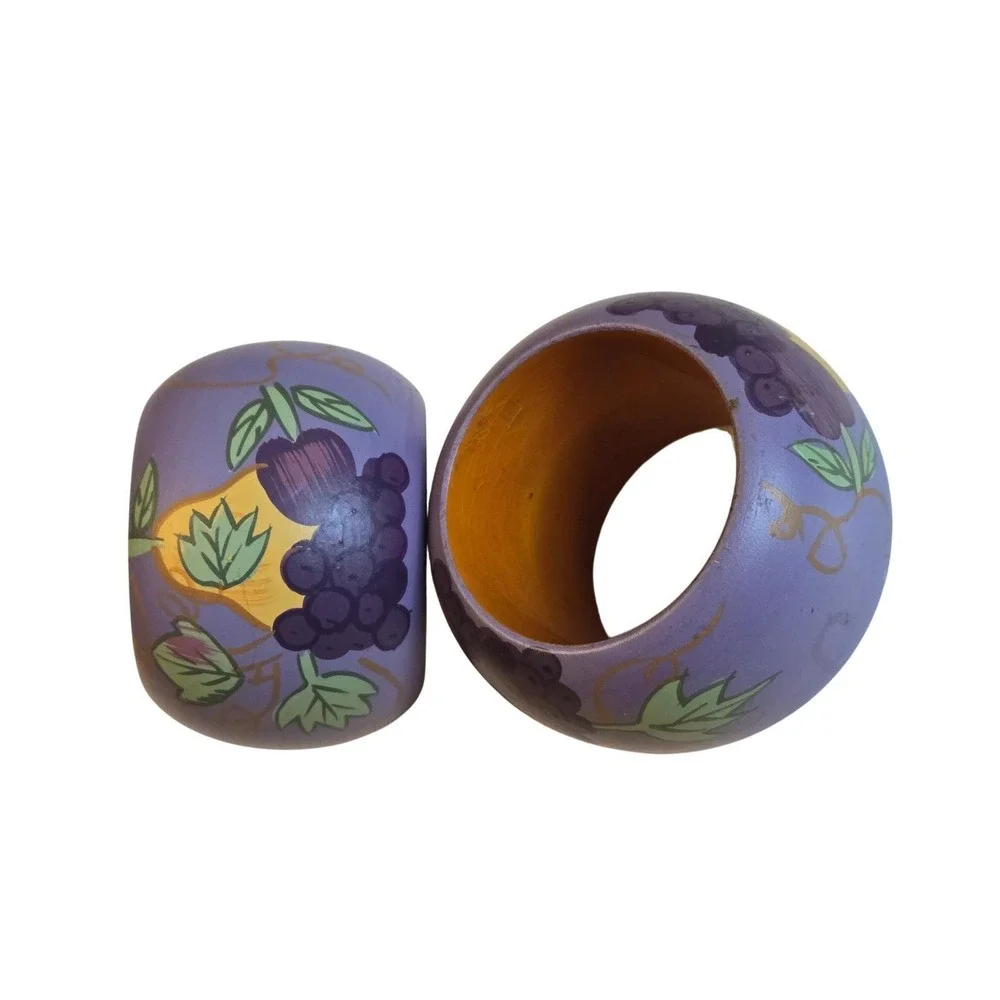 Vintage Hand Painted Wooden Fruit Napkin Rings Set 2 Farmhouse Country Decor